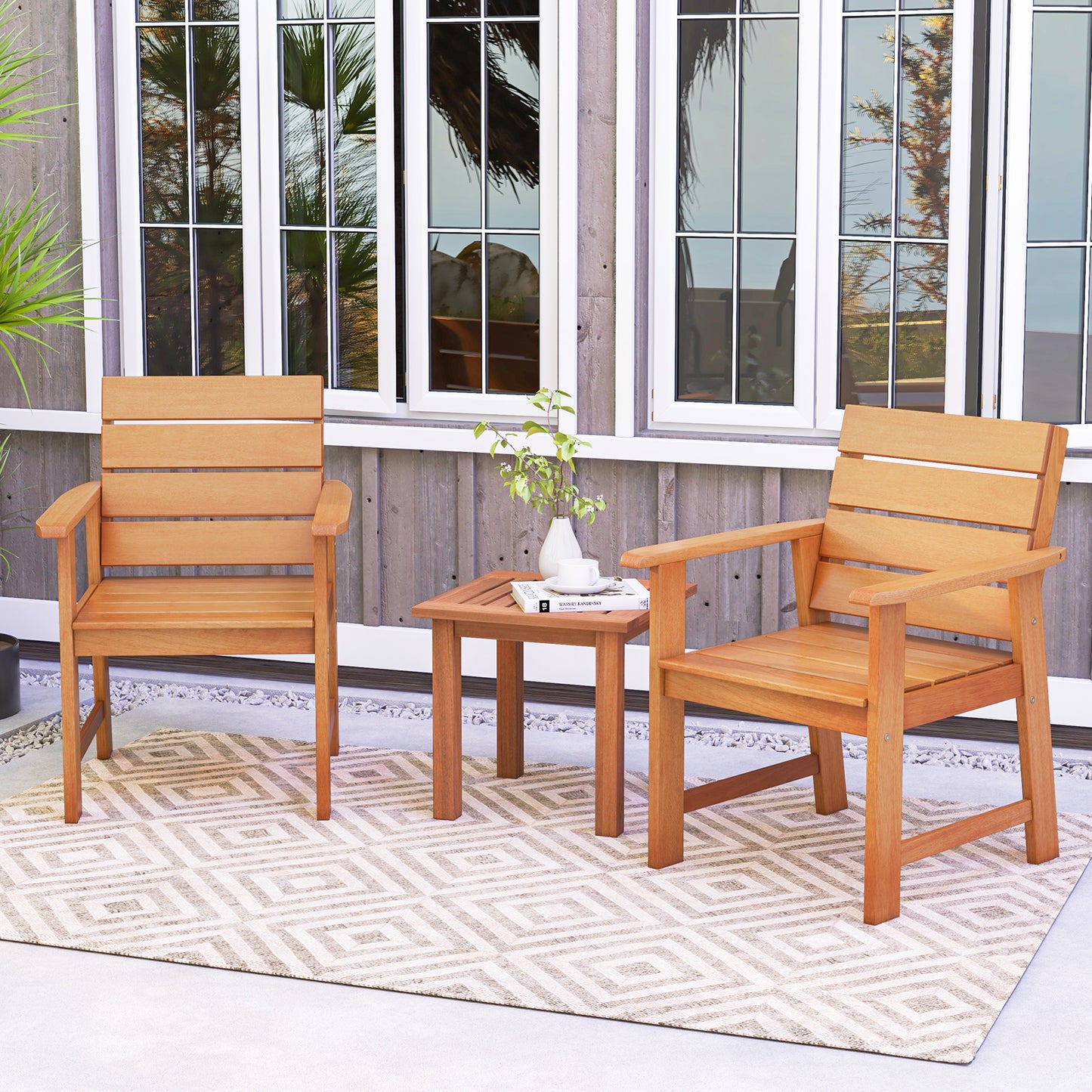 Hardwood Patio Dining Chairs with Inclined Backrest - Set of 2