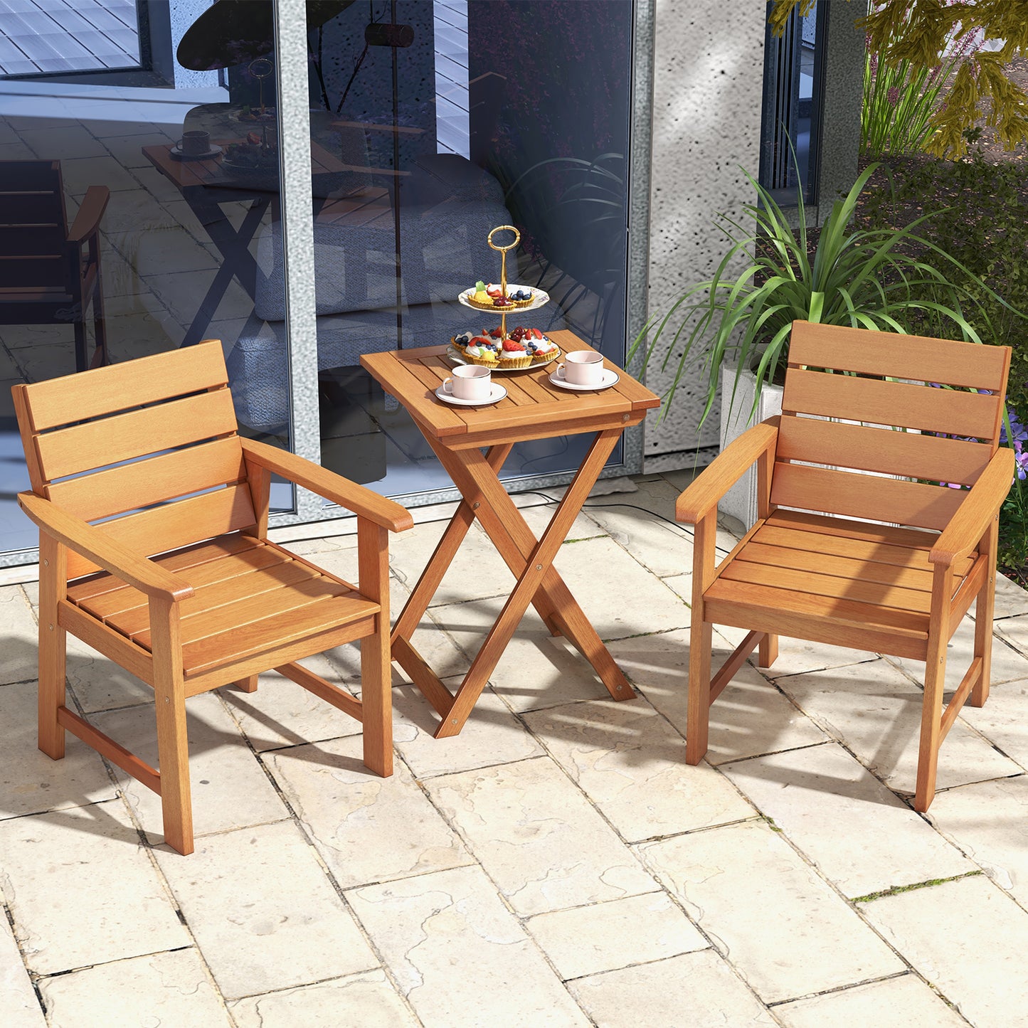 Hardwood Patio Dining Chairs with Inclined Backrest - Set of 2