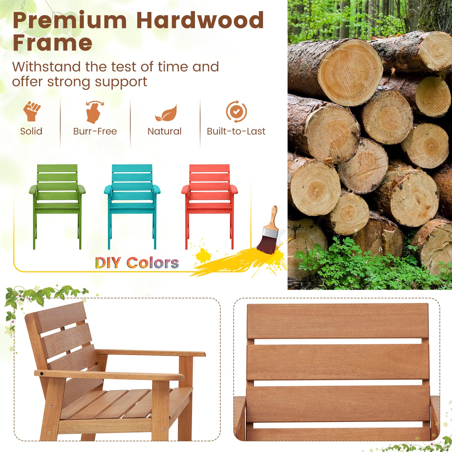 Hardwood Patio Dining Chairs with Inclined Backrest - Set of 2