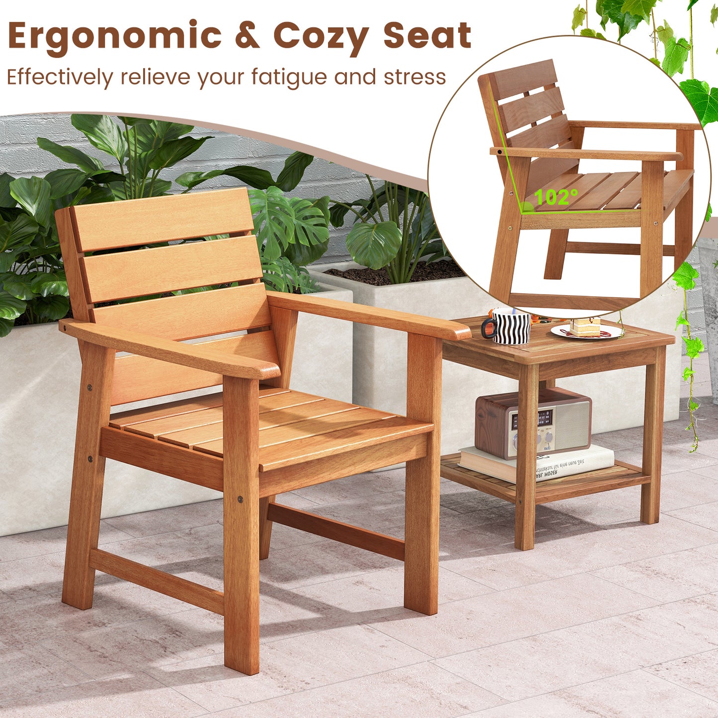 Hardwood Patio Dining Chairs with Inclined Backrest - Set of 2