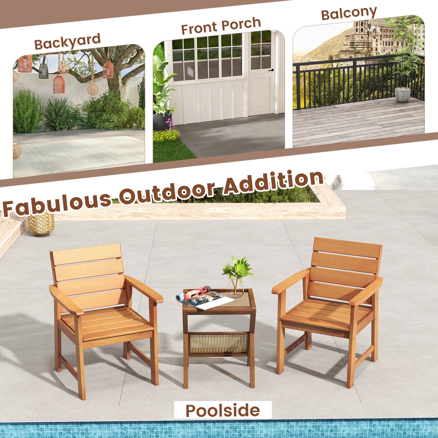 Hardwood Patio Dining Chairs with Inclined Backrest - Set of 2