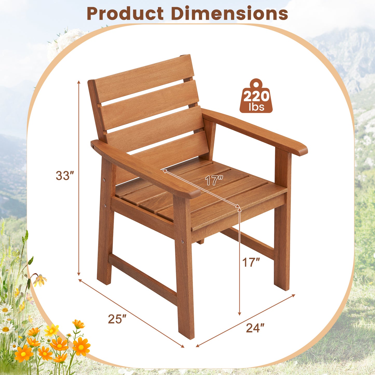 Hardwood Patio Dining Chairs with Inclined Backrest - Set of 2