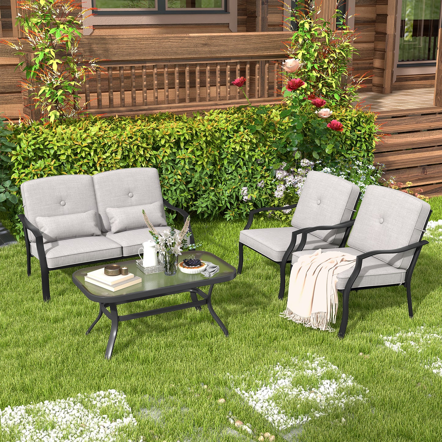 Patio Metal Dining Chairs with Cushions, Set of 2