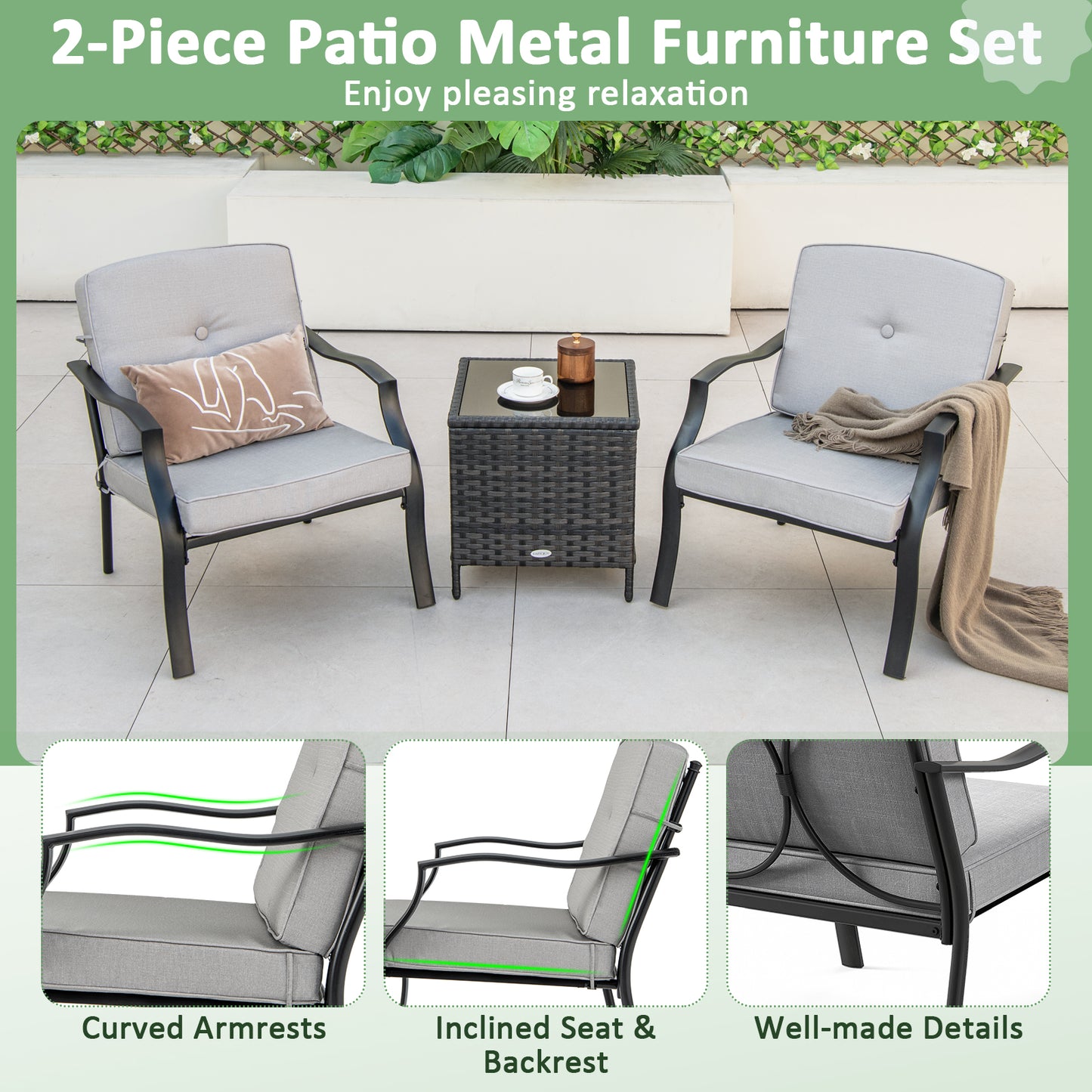 Patio Metal Dining Chairs with Cushions, Set of 2