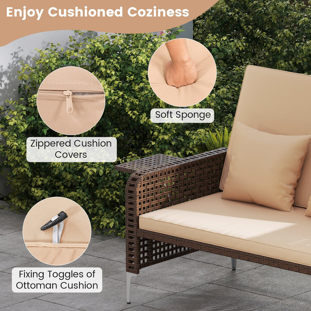 2 Piece Patio Rattan Daybed Wicker Loveseat and Ottoman with Adjustable Backrest