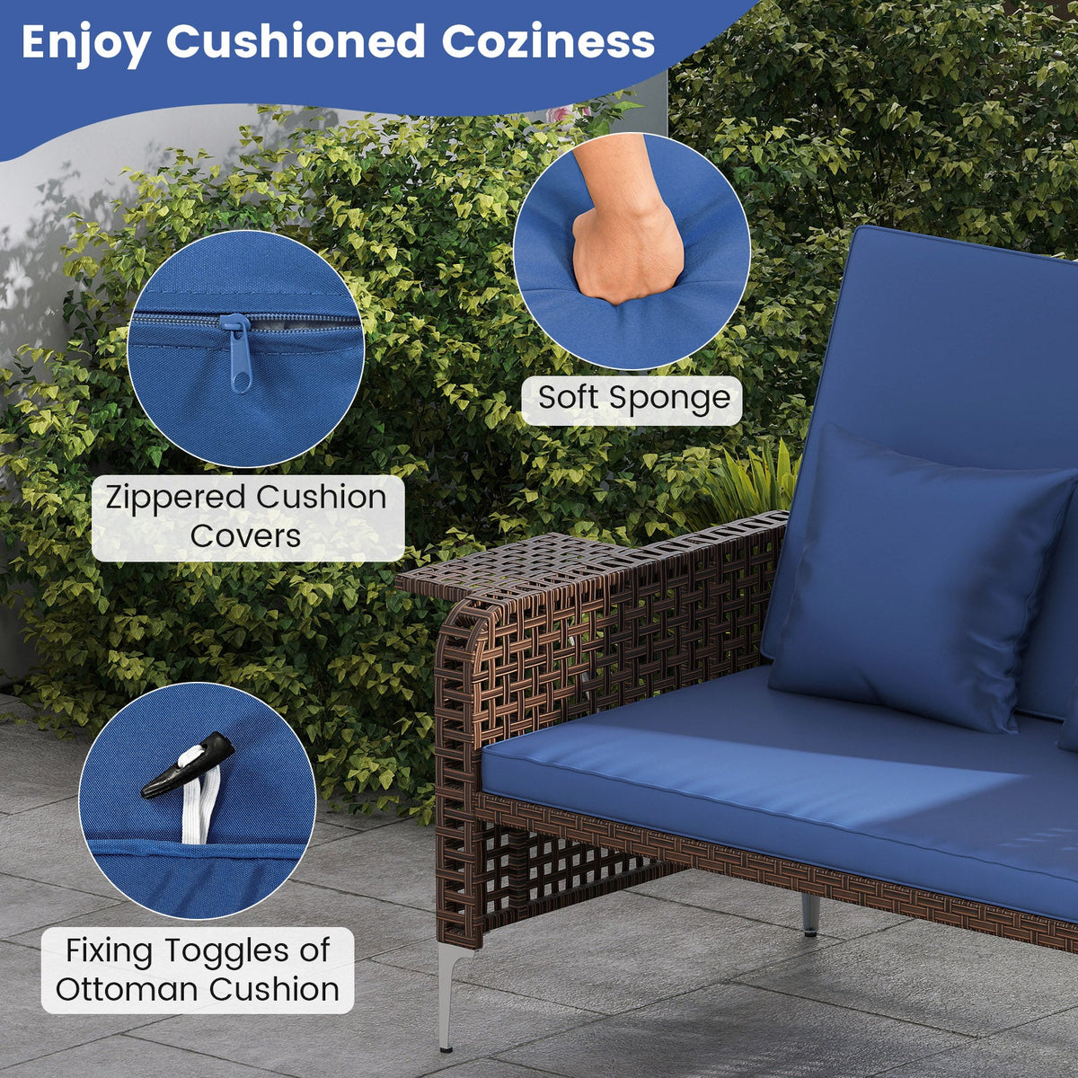 2 Piece Patio Rattan Daybed Wicker Loveseat and Ottoman with Adjustable Backrest