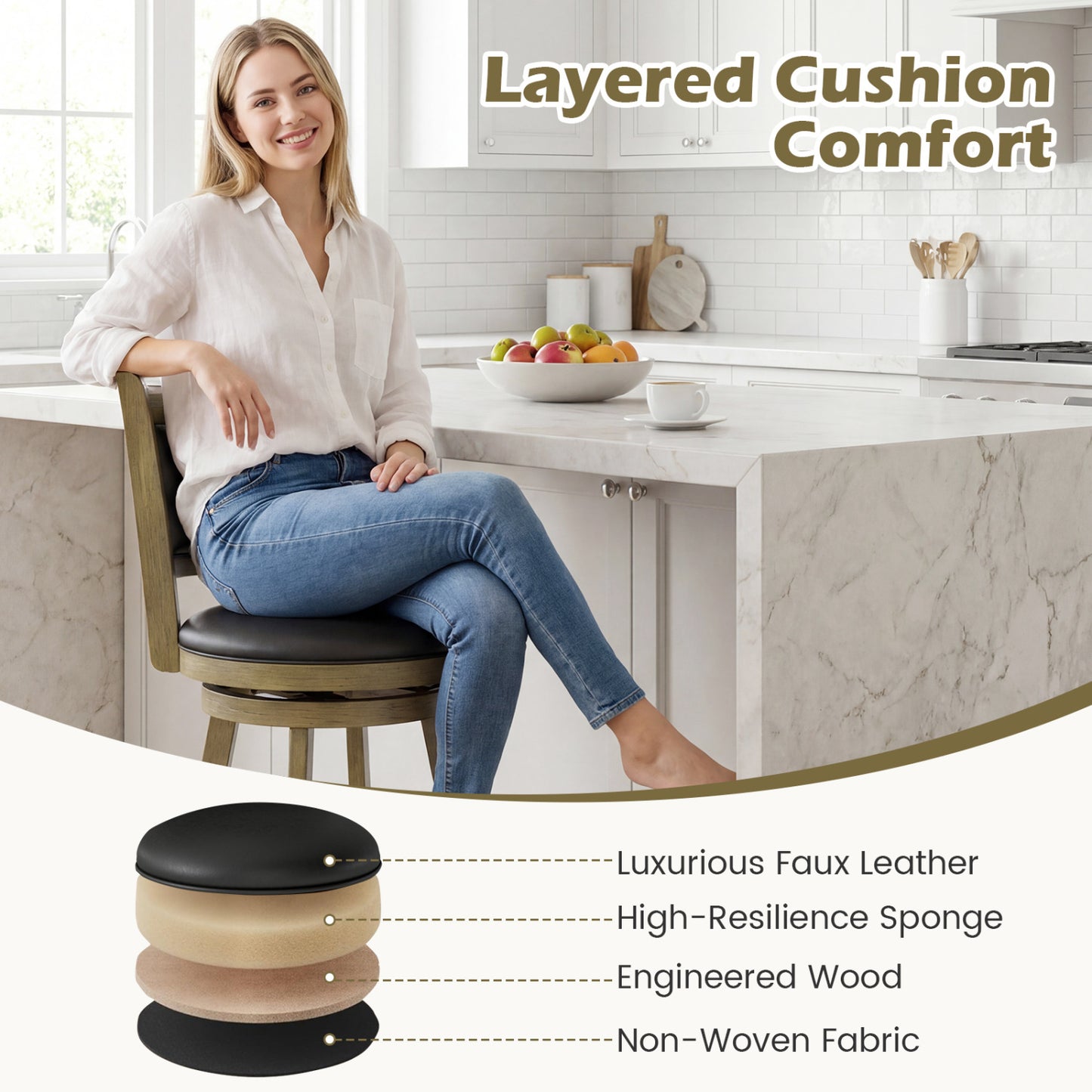 24-Inch Swivel Counter Stools with Upholstered Seat, Set of 2