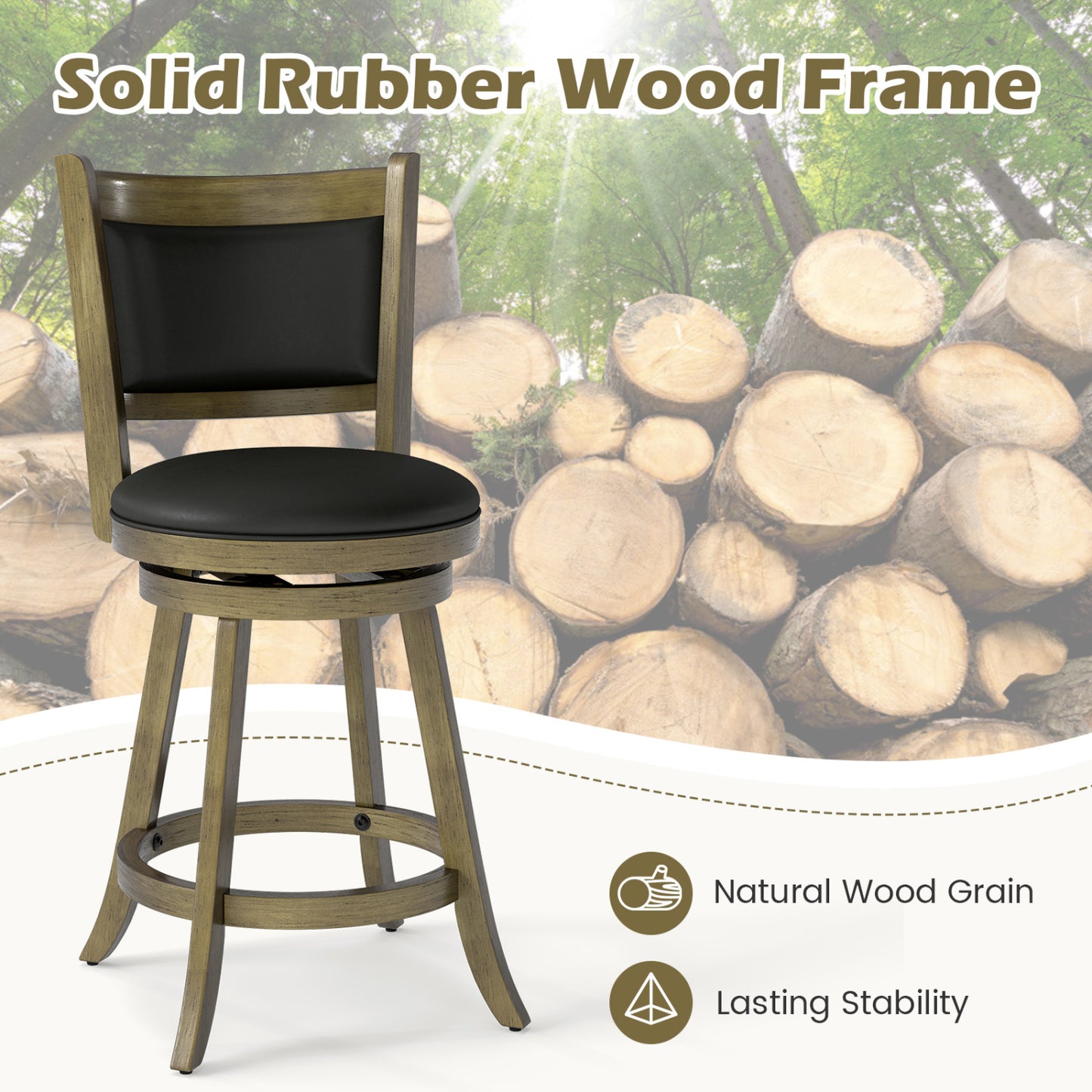24-Inch Swivel Counter Stools with Upholstered Seat, Set of 2
