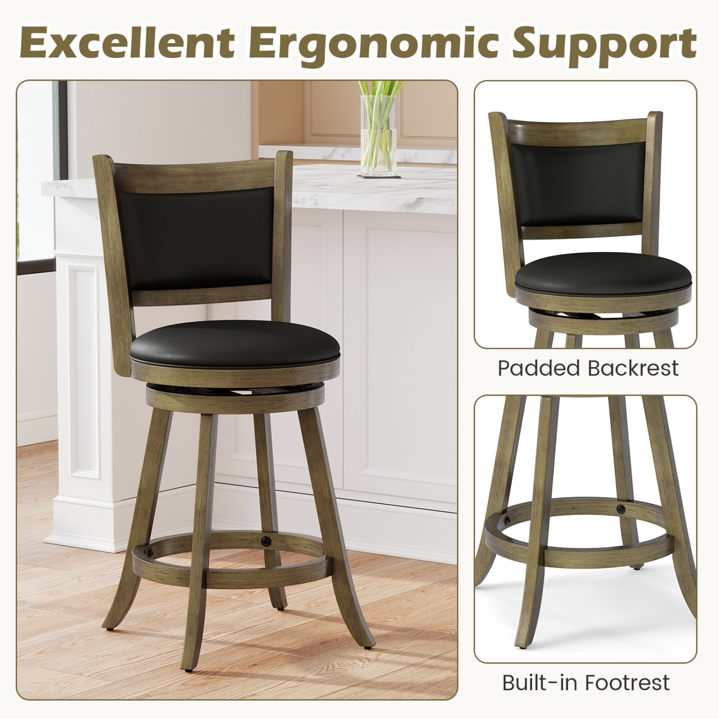 24-Inch Swivel Counter Stools with Upholstered Seat, Set of 2