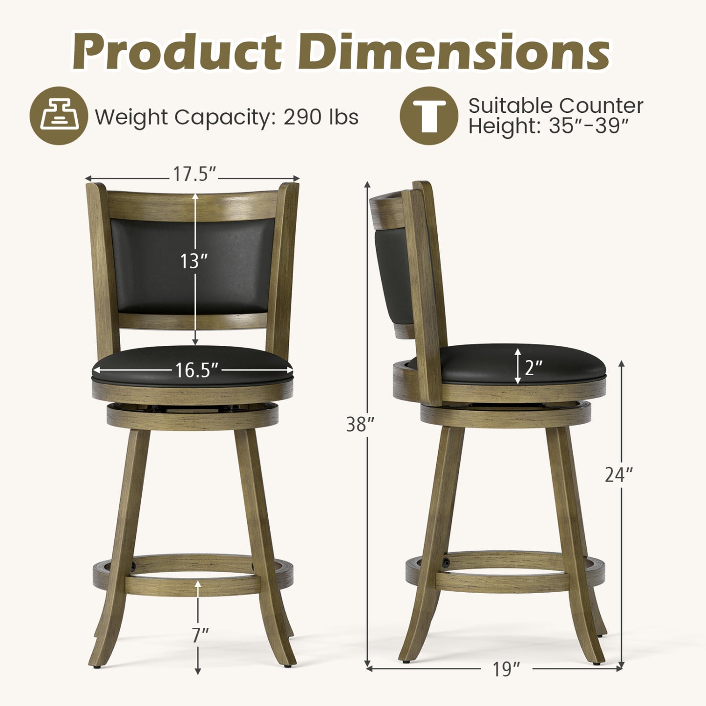24-Inch Swivel Counter Stools with Upholstered Seat, Set of 2
