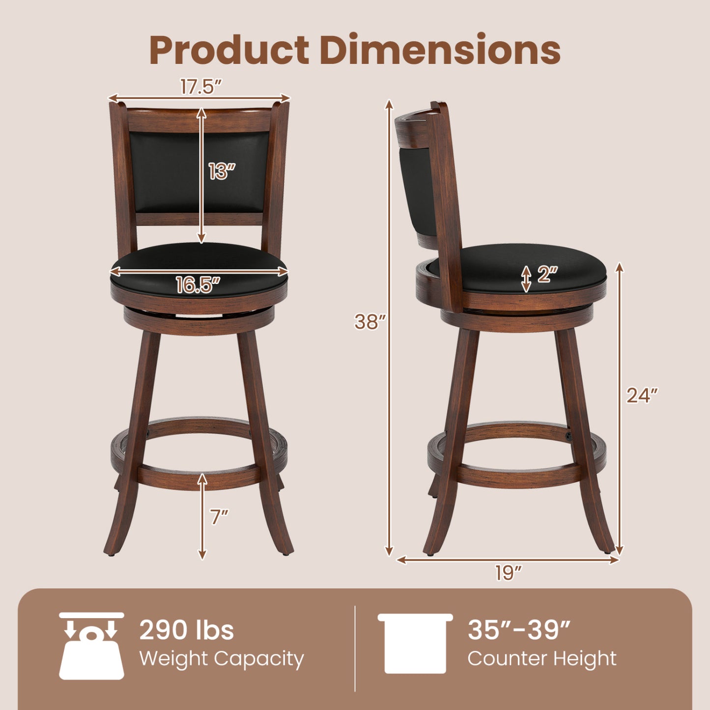 24-Inch Swivel Counter Stools with Upholstered Seat, Set of 2