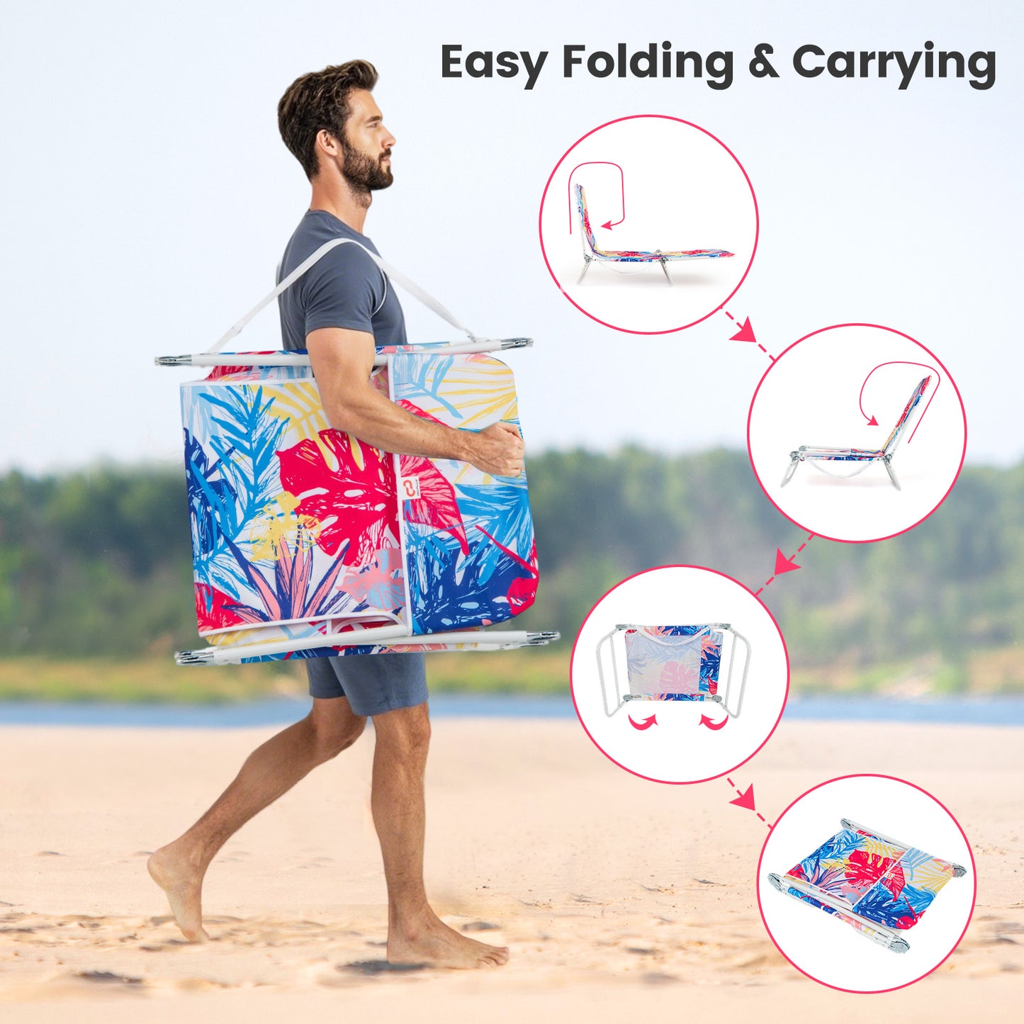 5-Position Beach Recliner Chair Set of 2 with Carry Strap
