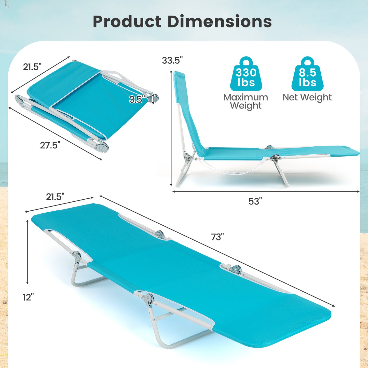 5-Position Beach Recliner Chair Set of 2 with Carry Strap