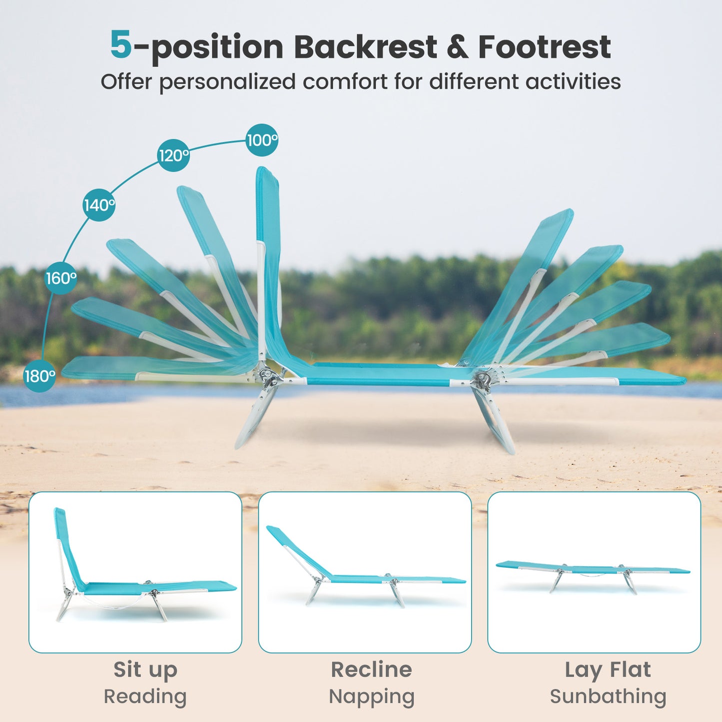 5-Position Beach Recliner Chair Set of 2 with Carry Strap
