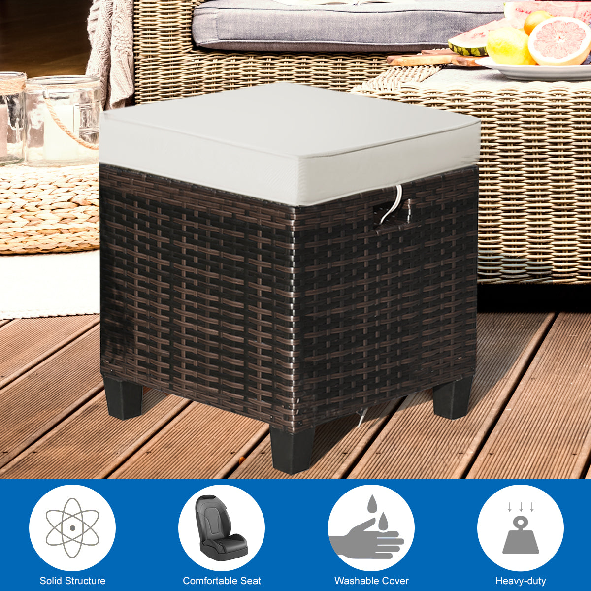 Patio Rattan Ottoman Set with Removable Cushions (2-Piece)