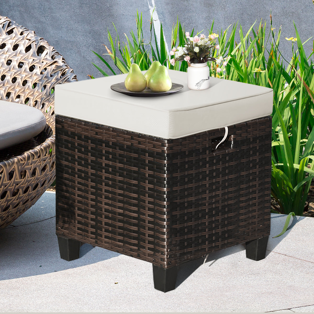 Patio Rattan Ottoman Set with Removable Cushions (2-Piece)