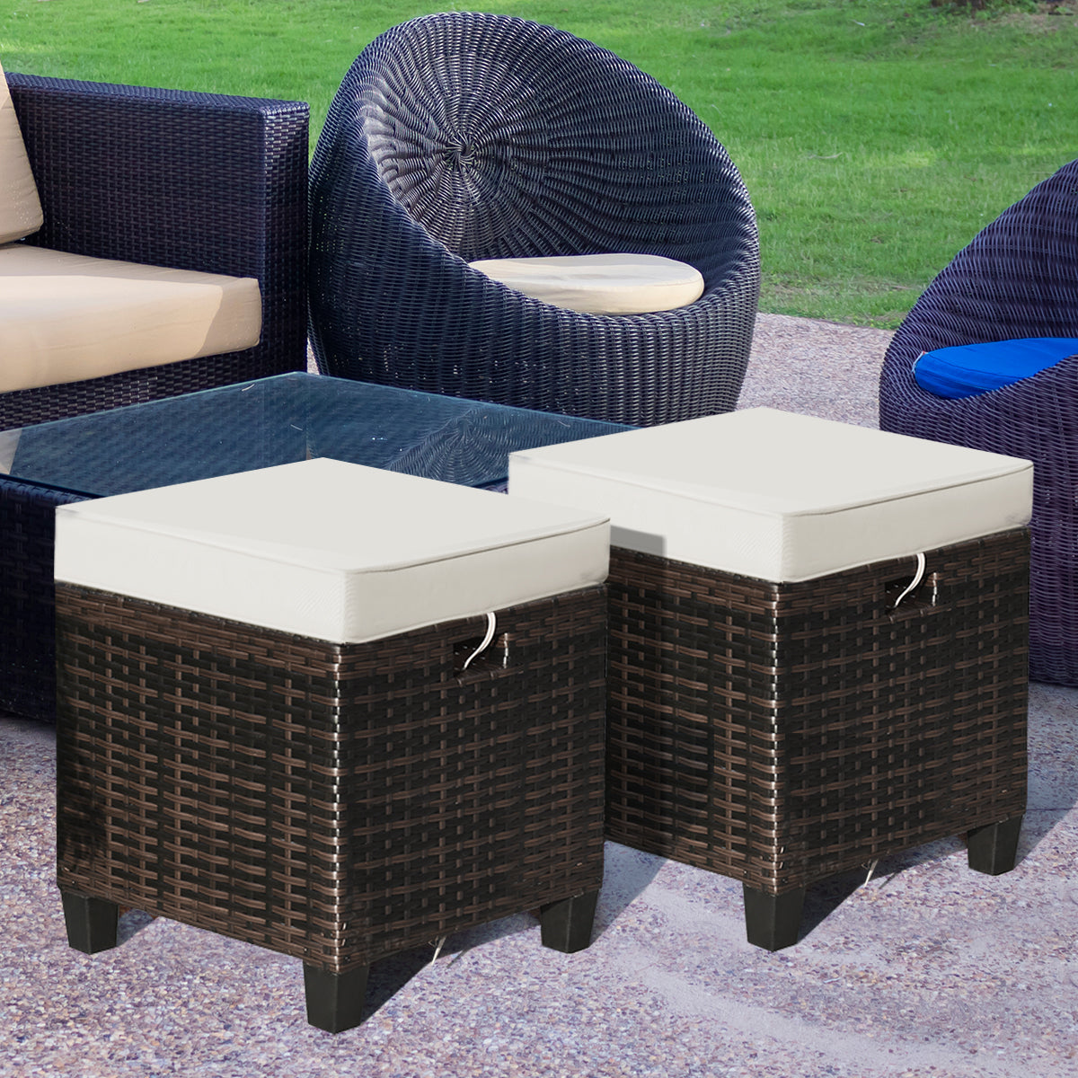 Patio Rattan Ottoman Set with Removable Cushions (2-Piece)