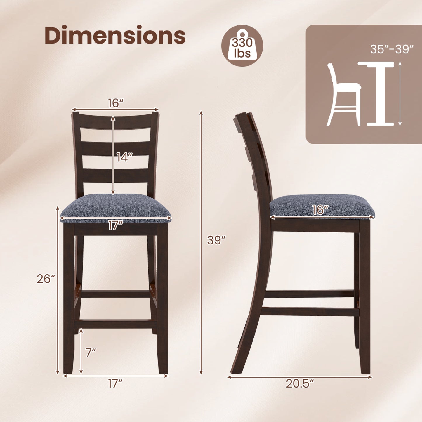 Counter Height Chairs Set of 2 with Fabric Seat