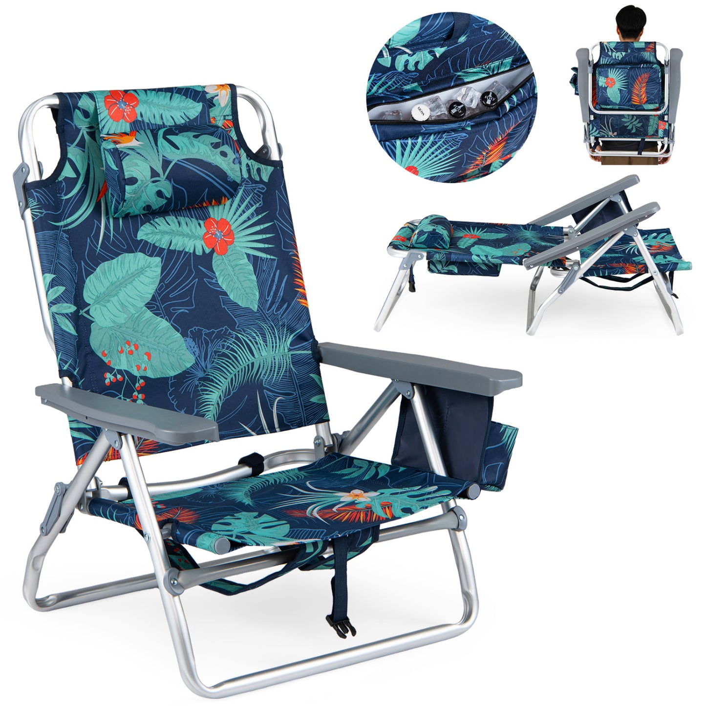 Folding Beach Chair 2-Pack with 5-Position Backrest & Pillow