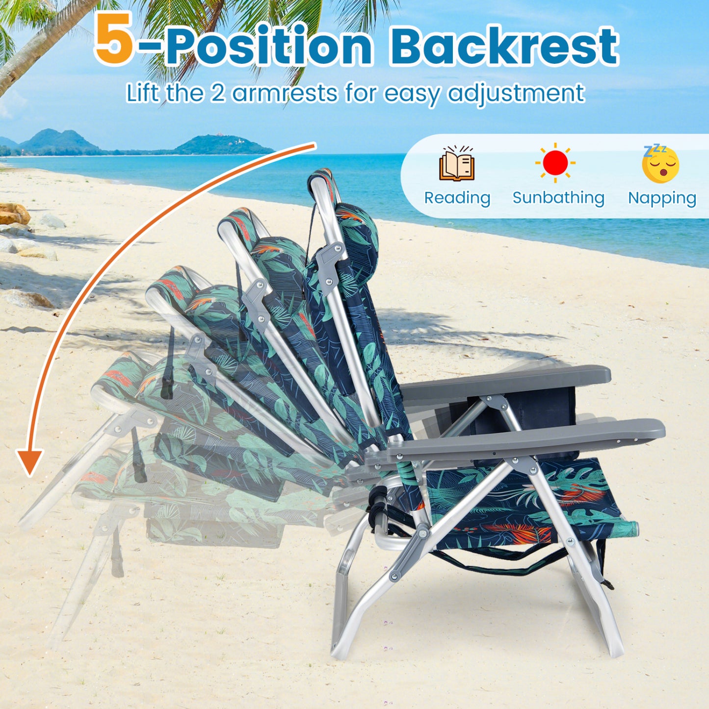 Folding Beach Chair 2-Pack with 5-Position Backrest & Pillow