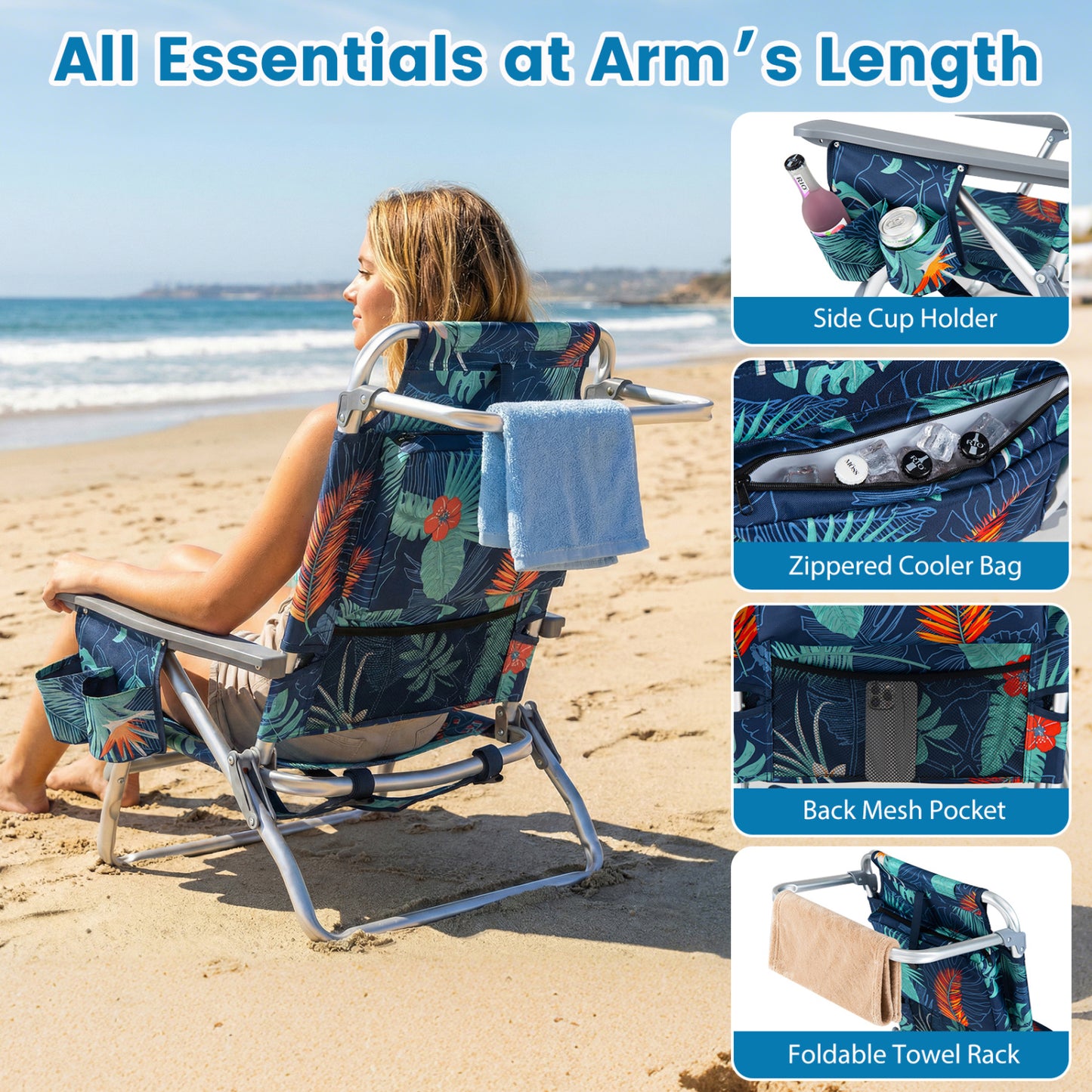 Folding Beach Chair 2-Pack with 5-Position Backrest & Pillow