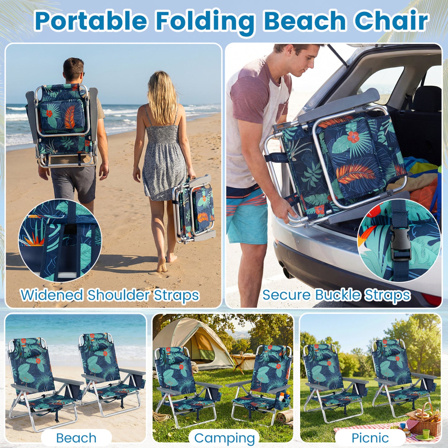 Folding Beach Chair 2-Pack with 5-Position Backrest & Pillow