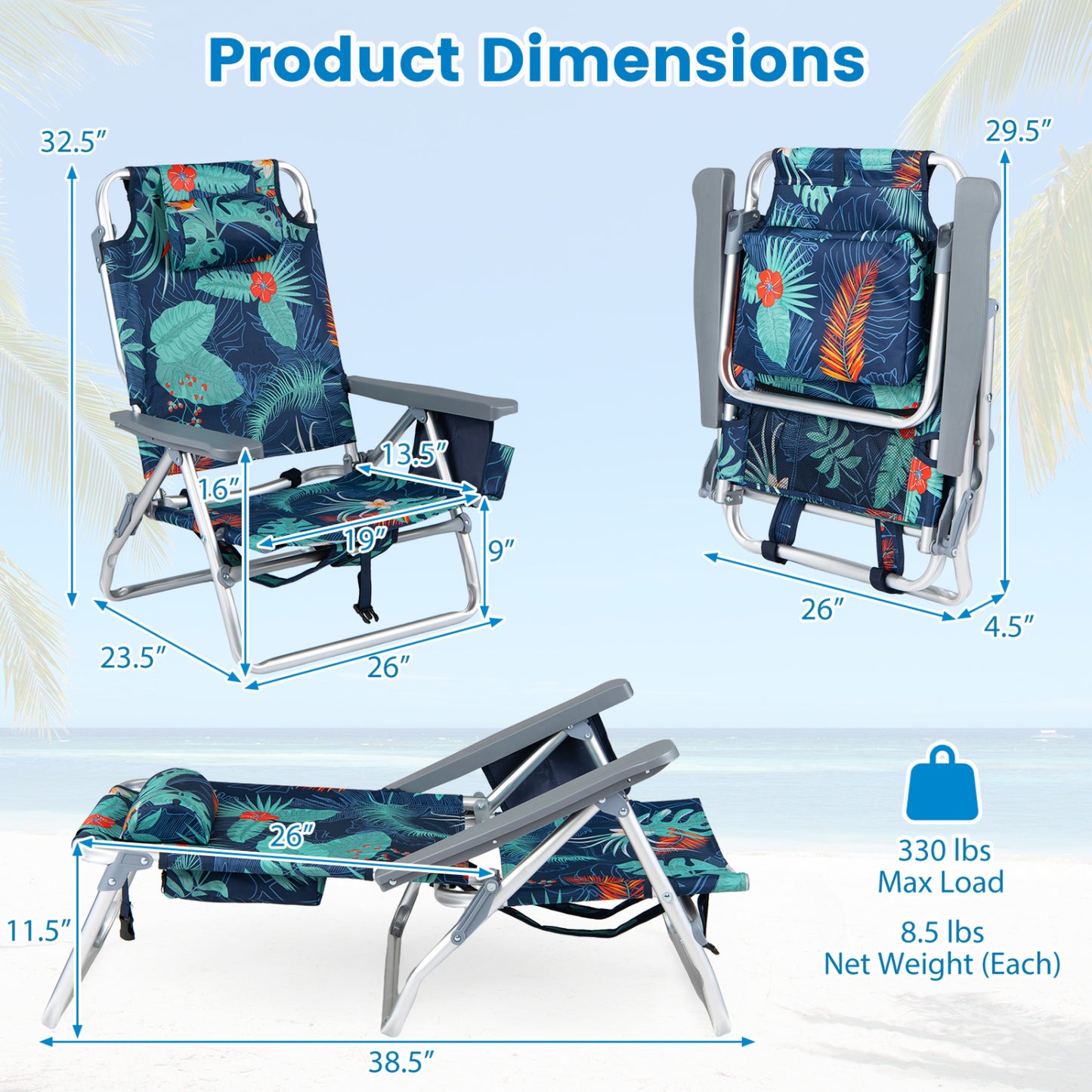 Folding Beach Chair 2-Pack with 5-Position Backrest & Pillow