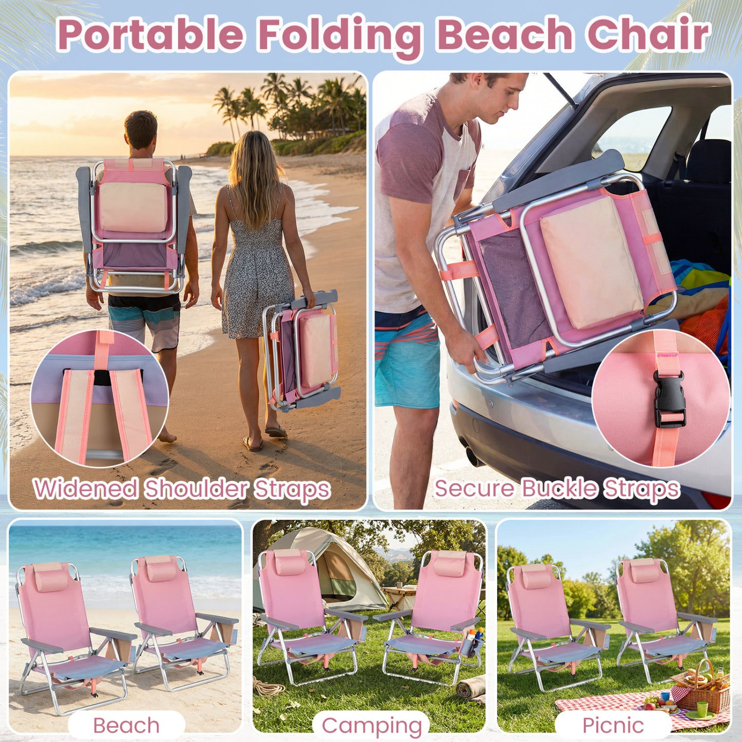 Folding Beach Chair 2-Pack with 5-Position Backrest & Pillow