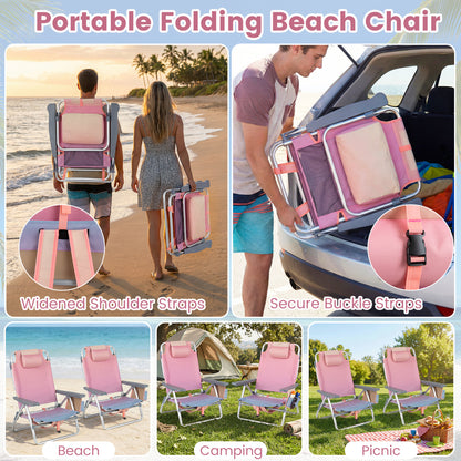 Folding Beach Chair 2-Pack with 5-Position Backrest & Pillow