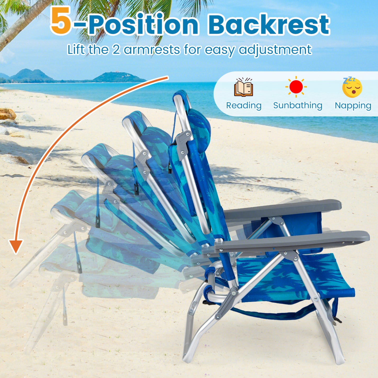 Folding Beach Chair 2-Pack with 5-Position Backrest & Pillow