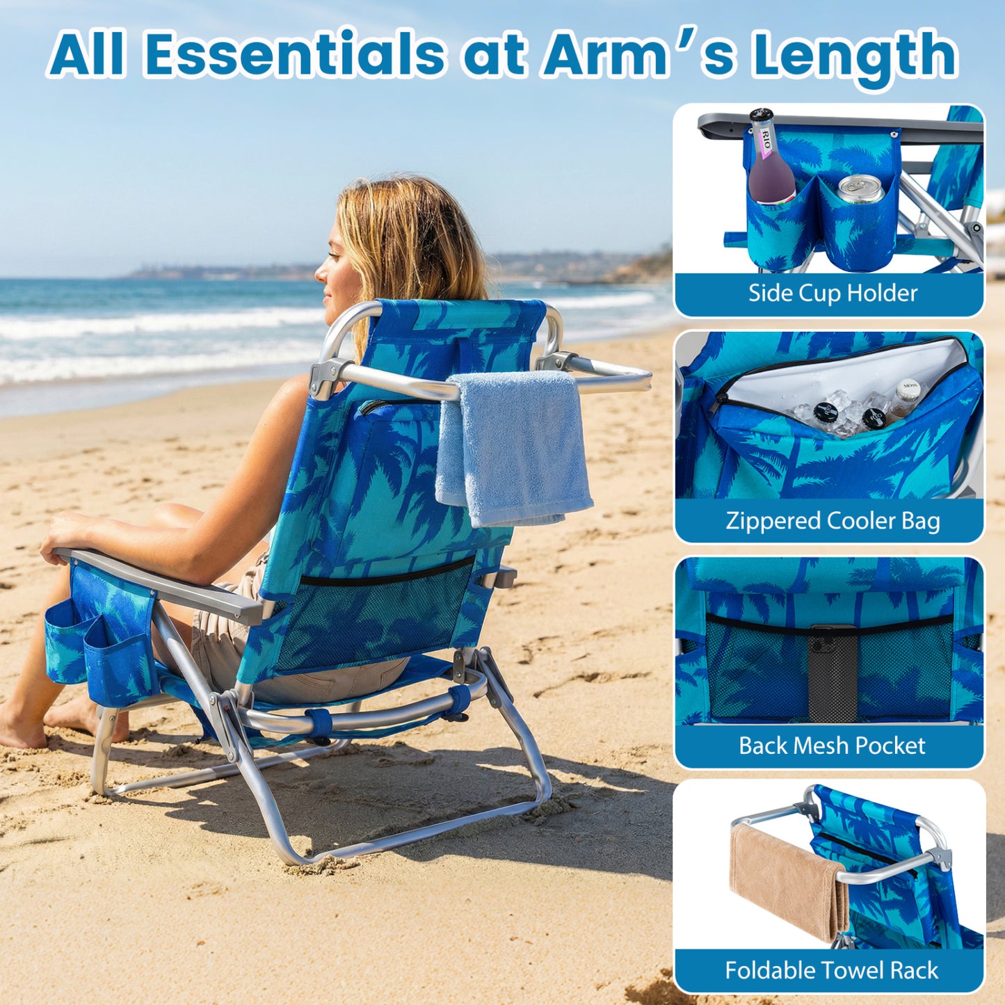 Folding Beach Chair 2-Pack with 5-Position Backrest & Pillow
