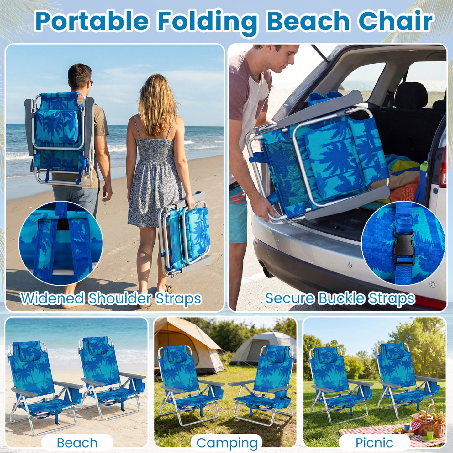 Folding Beach Chair 2-Pack with 5-Position Backrest & Pillow