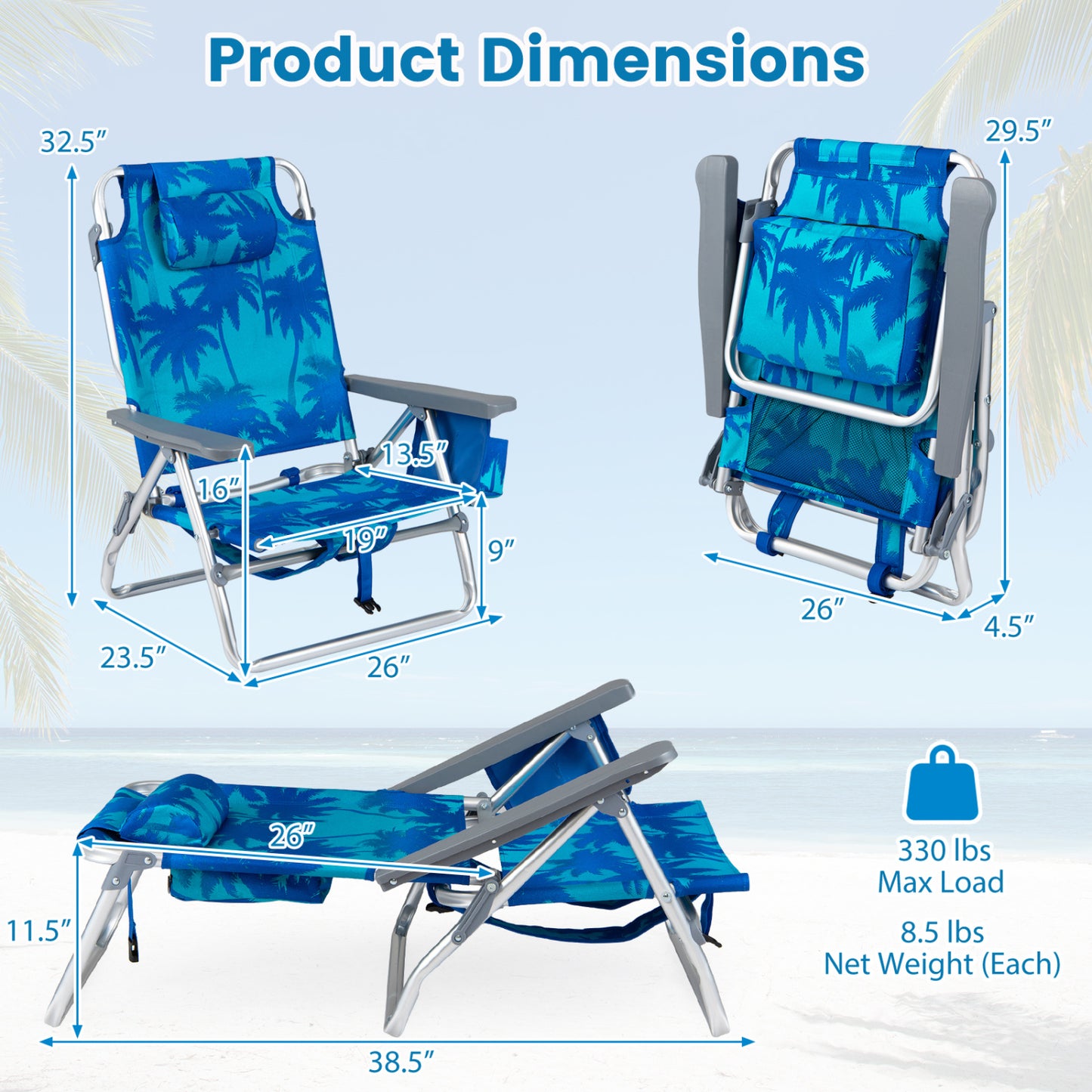 Folding Beach Chair 2-Pack with 5-Position Backrest & Pillow