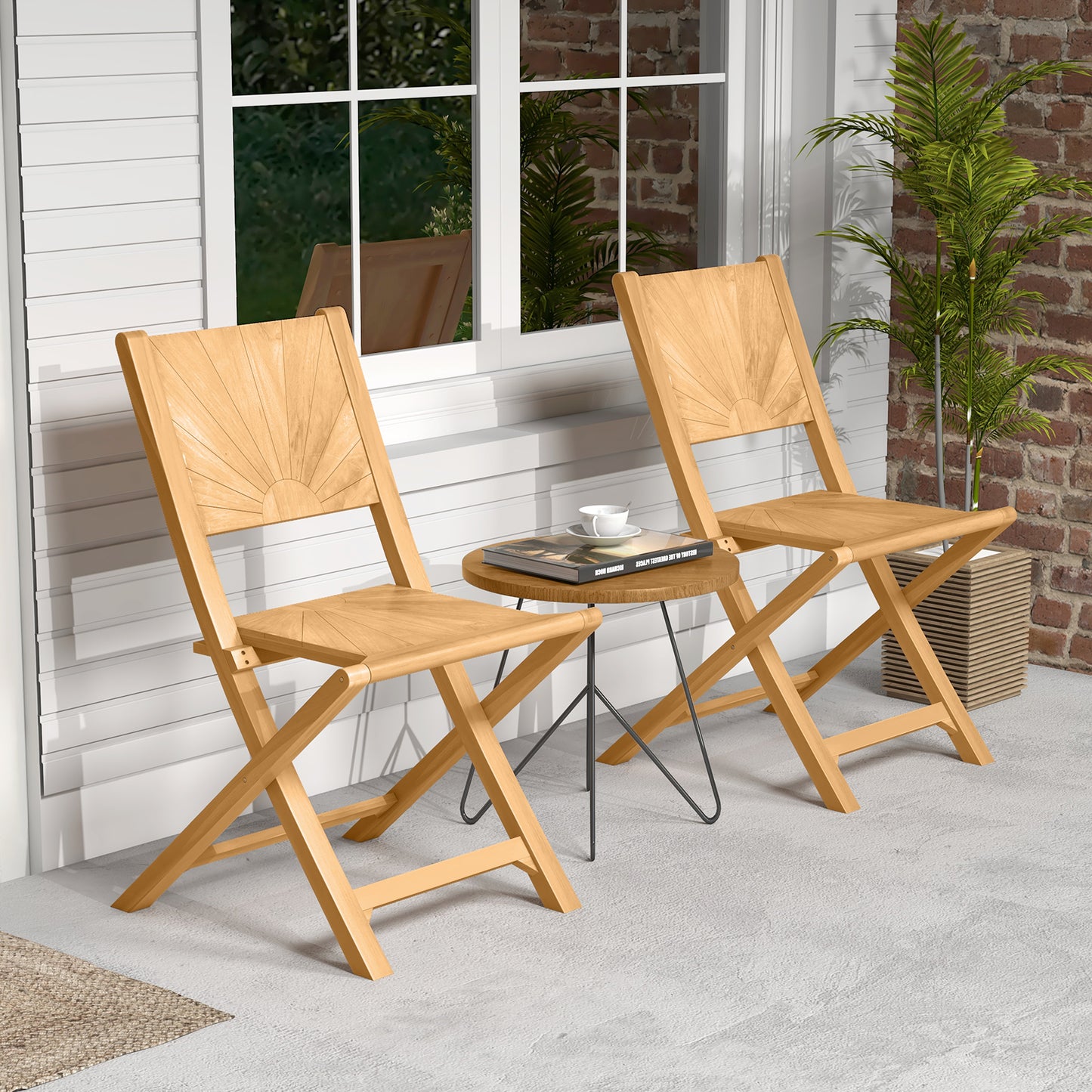 Folding Teak Patio Dining Chairs Set of 2 with Inclined Backrest