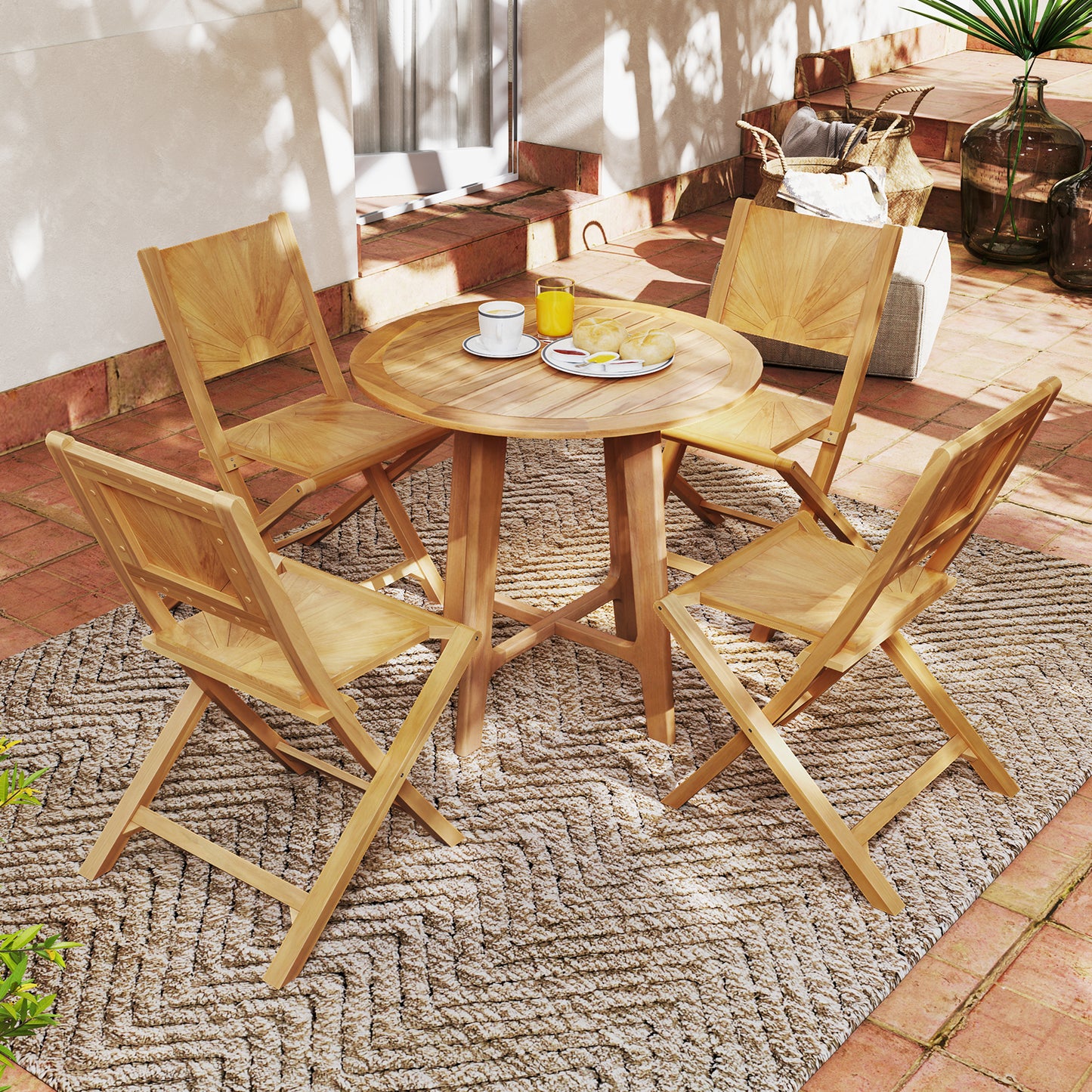 Folding Teak Patio Dining Chairs Set of 2 with Inclined Backrest