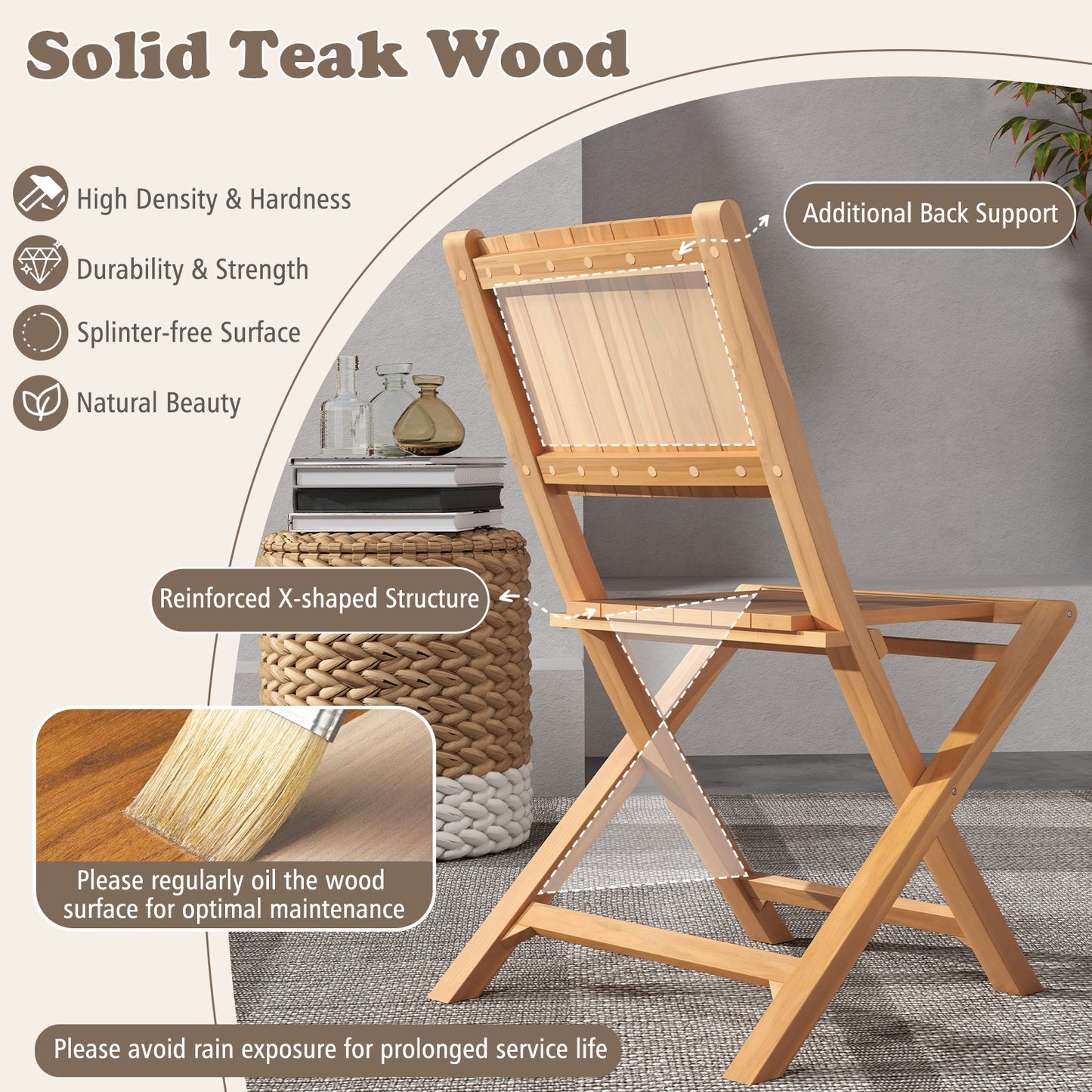 Folding Teak Patio Dining Chairs Set of 2 with Inclined Backrest