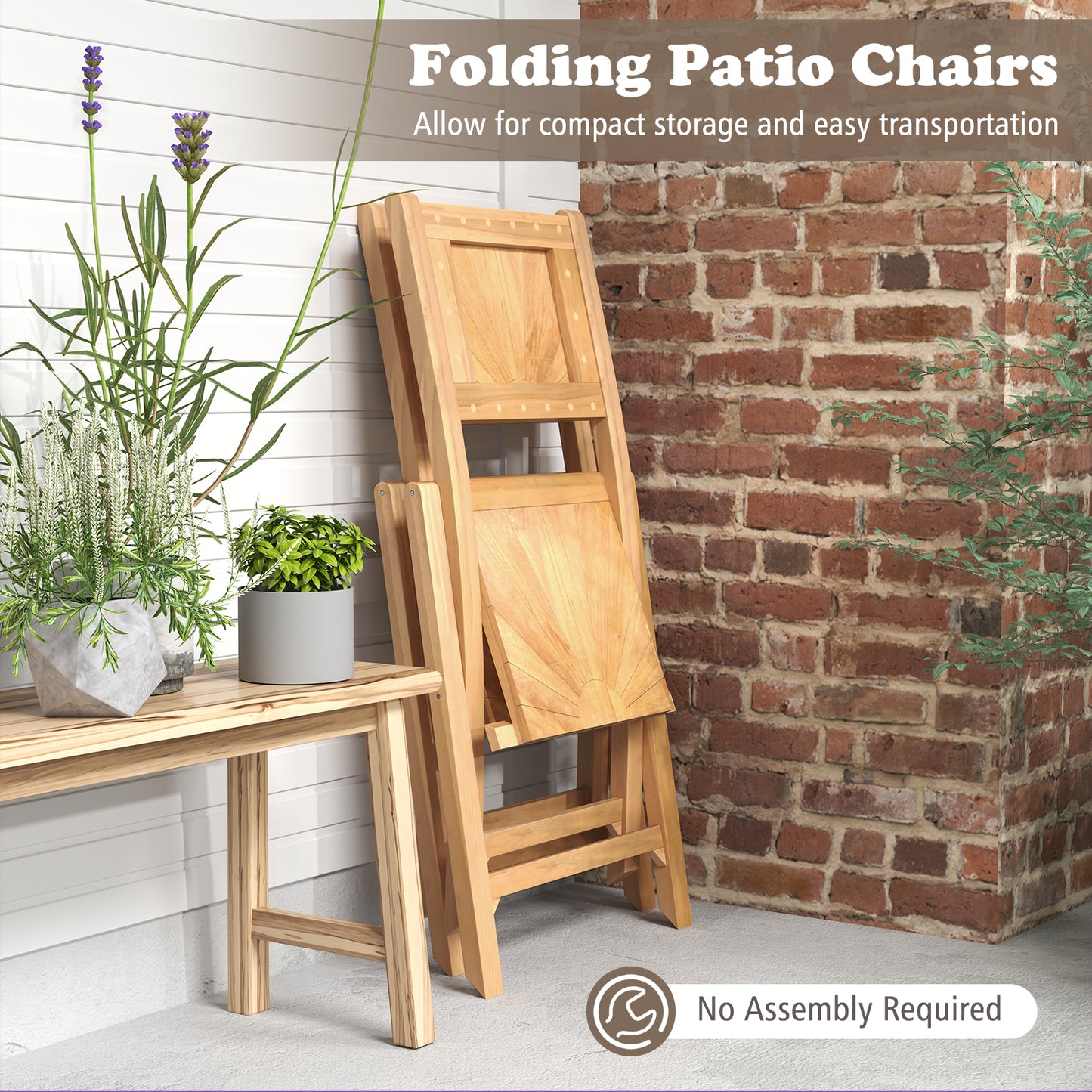 Folding Teak Patio Dining Chairs Set of 2 with Inclined Backrest