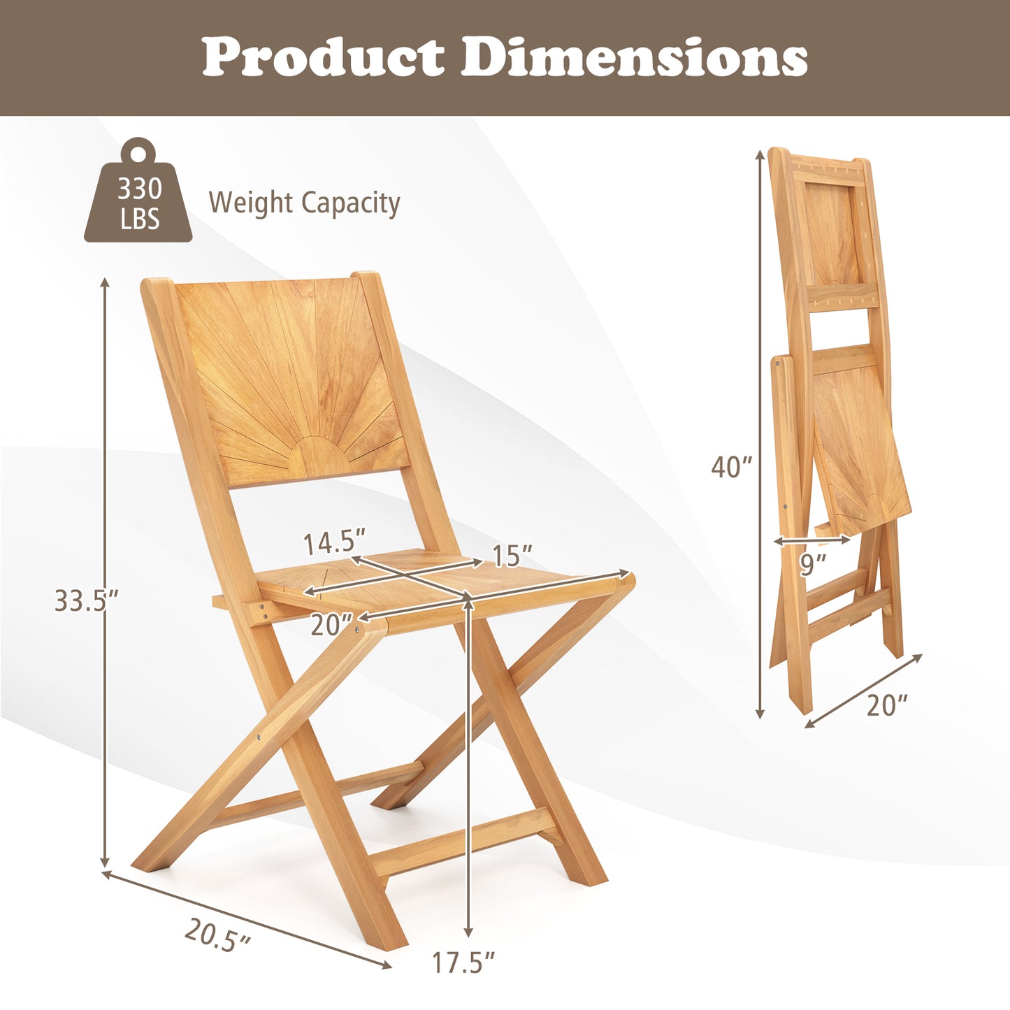 Folding Teak Patio Dining Chairs Set of 2 with Inclined Backrest