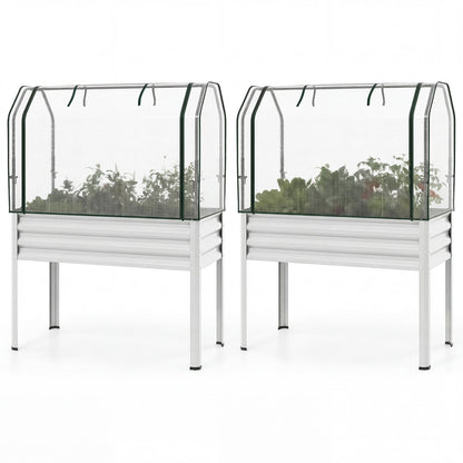 2 Pieces Galvanized Raised Garden Bed with Legs and Greenhouse Cover for Vegetable Flower