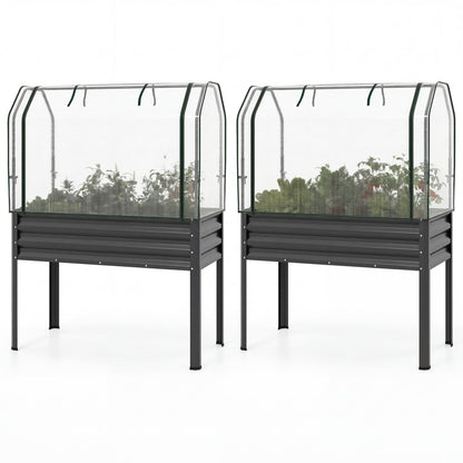 2 Pieces Galvanized Raised Garden Bed with Legs and Greenhouse Cover for Vegetable Flower