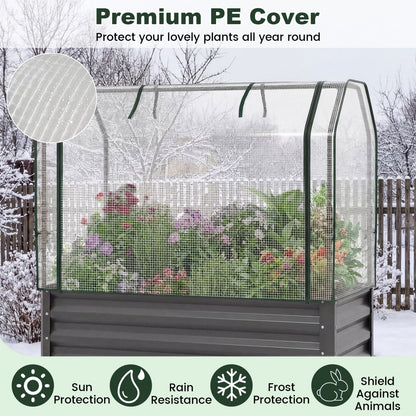 2 Pieces Galvanized Raised Garden Bed with Legs and Greenhouse Cover for Vegetable Flower