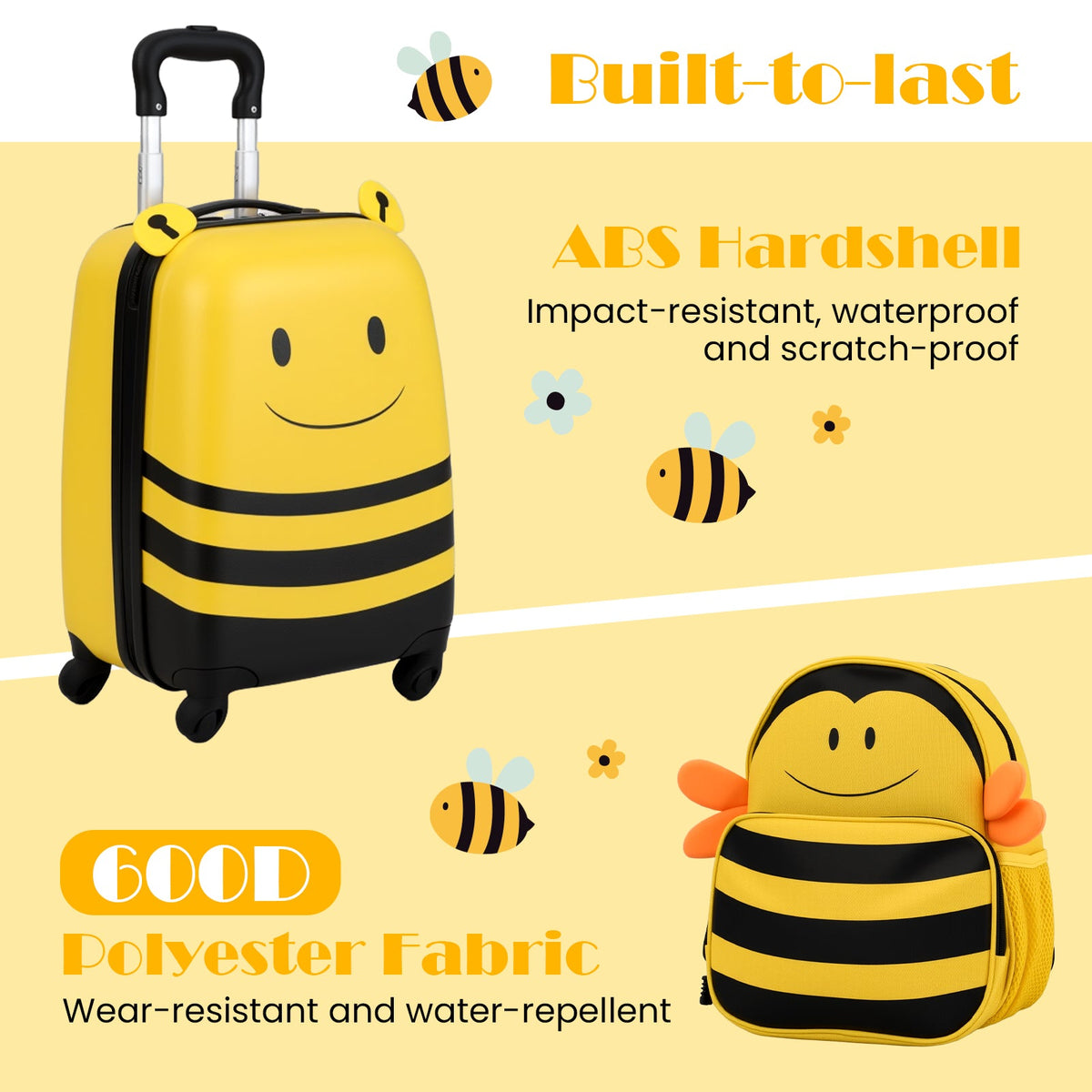 2 Pieces Kids Luggage Set on Wheels with Anti-Lose Rope and Retractable Rod-Yellow