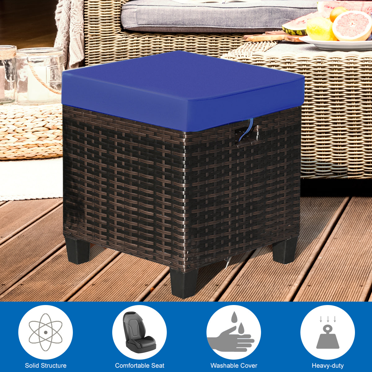 Patio Rattan Ottoman Set with Removable Cushions (2-Piece)
