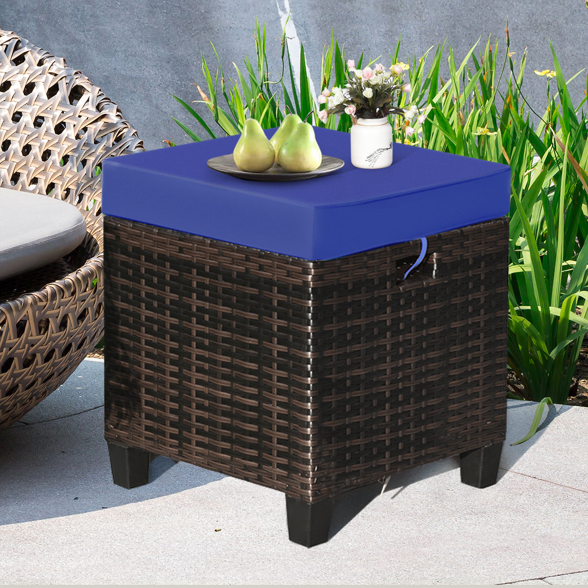 Patio Rattan Ottoman Set with Removable Cushions (2-Piece)