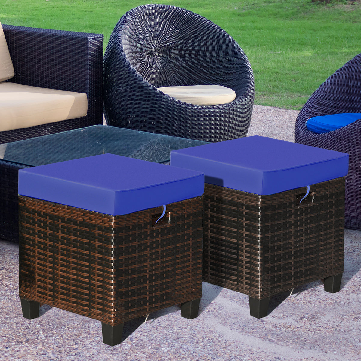 Patio Rattan Ottoman Set with Removable Cushions (2-Piece)