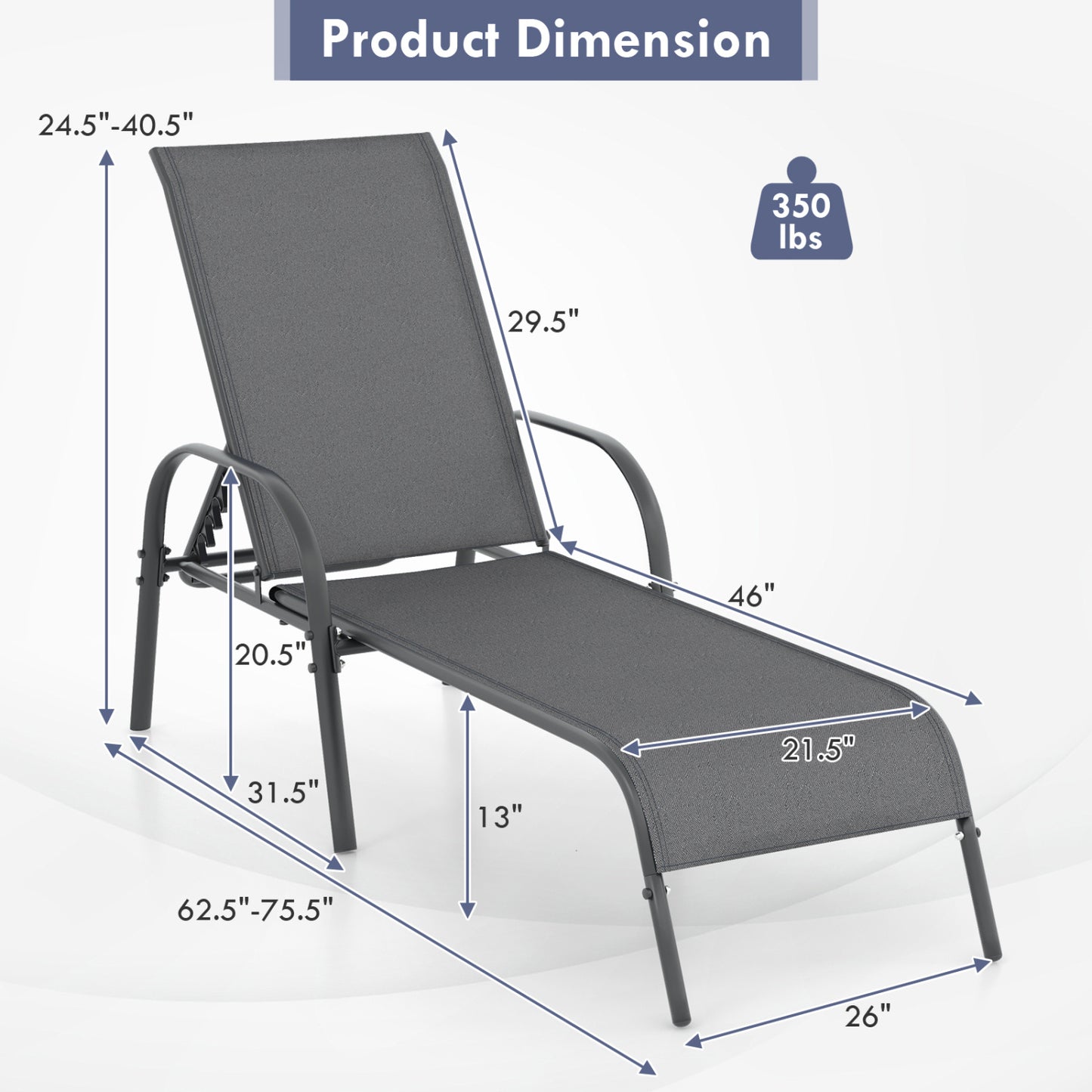 Outdoor Chaise Lounge Chairs Set of 2 with Adjustable Backrest