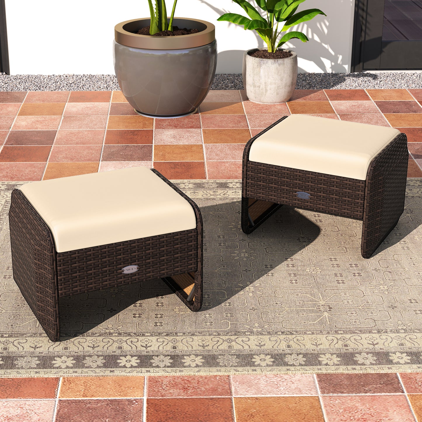 PE Wicker Ottomans Set of 2 with Removable Cushions
