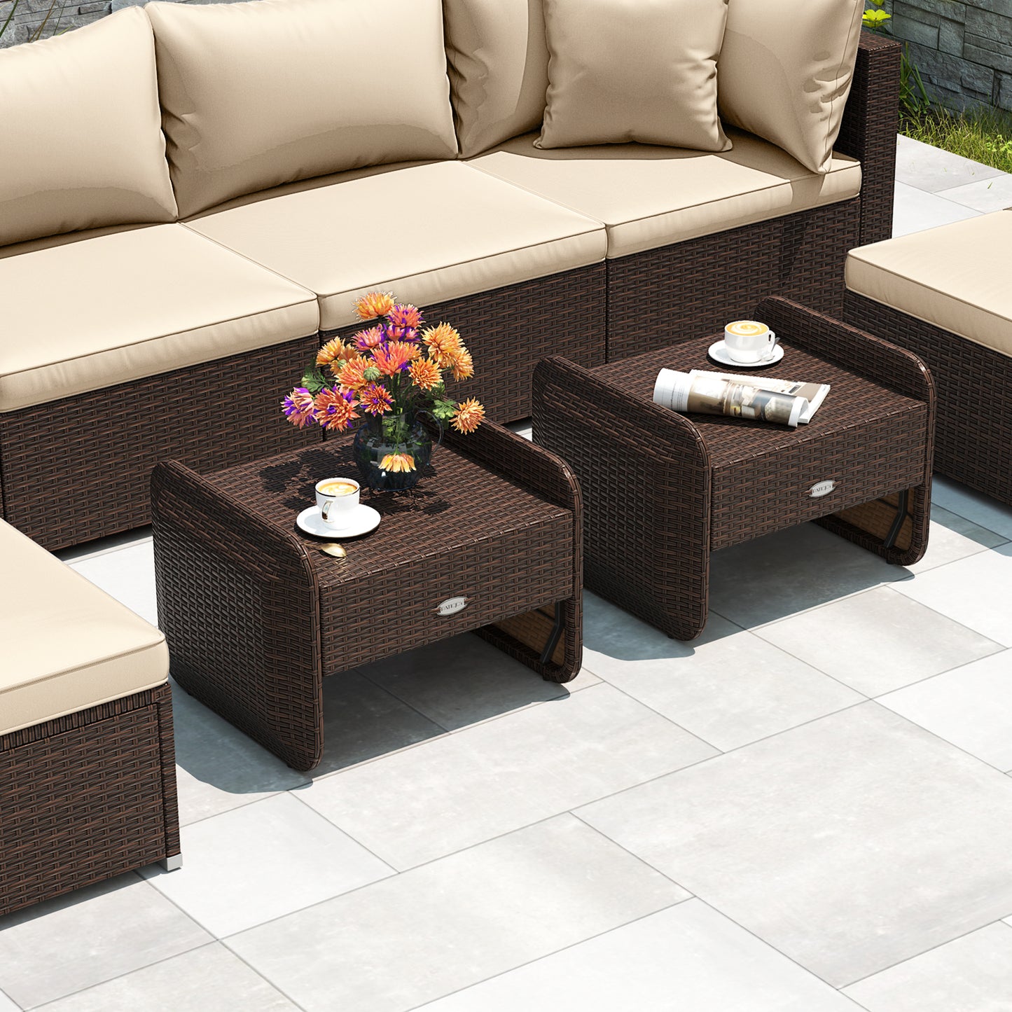 PE Wicker Ottomans Set of 2 with Removable Cushions
