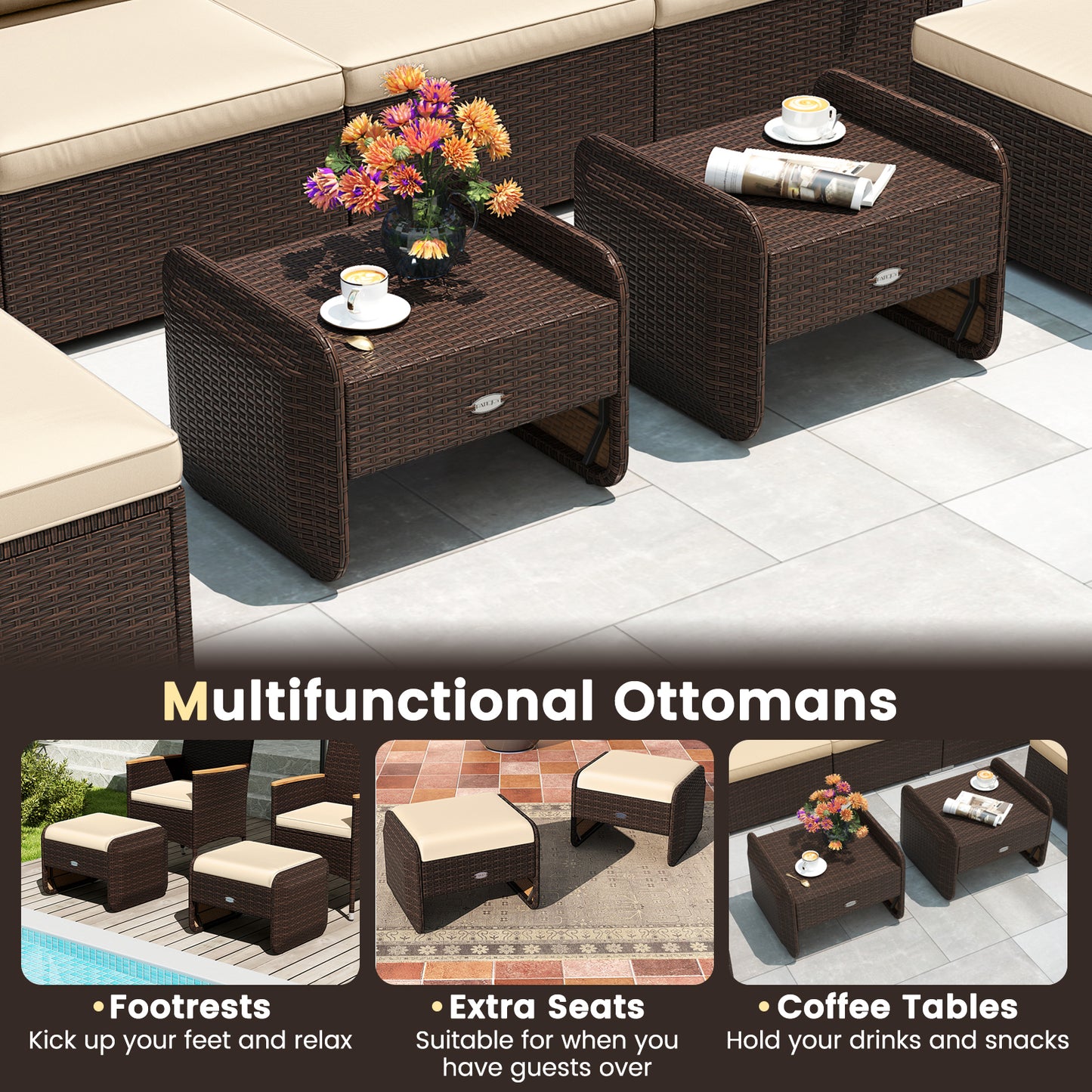 PE Wicker Ottomans Set of 2 with Removable Cushions