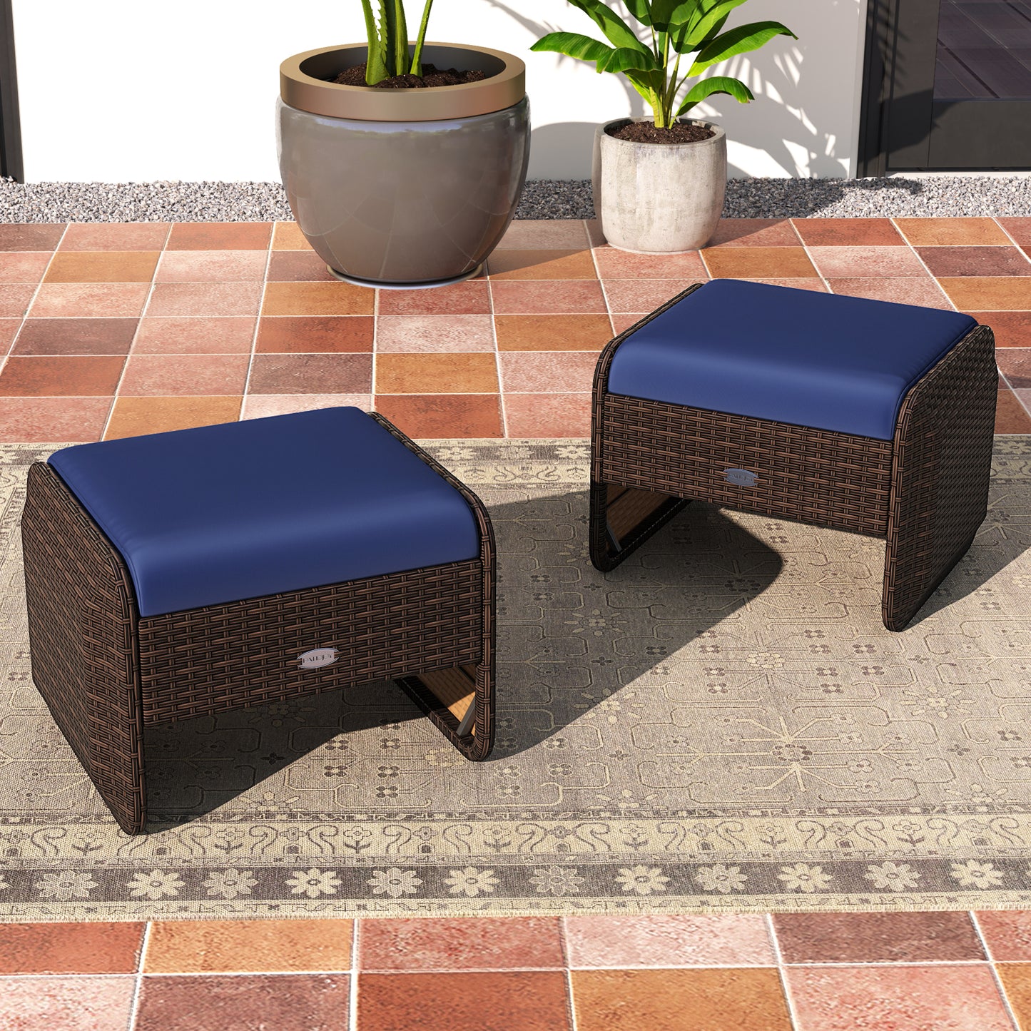 PE Wicker Ottomans Set of 2 with Removable Cushions